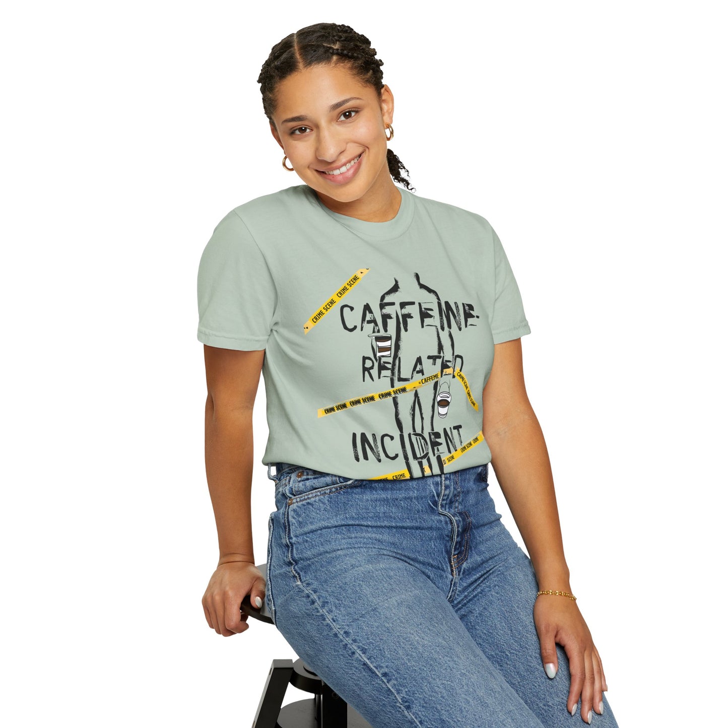 Caffeine-Related Incident T-Shirt – Monochrome Crime Scene Humor | The Salty Sgt
