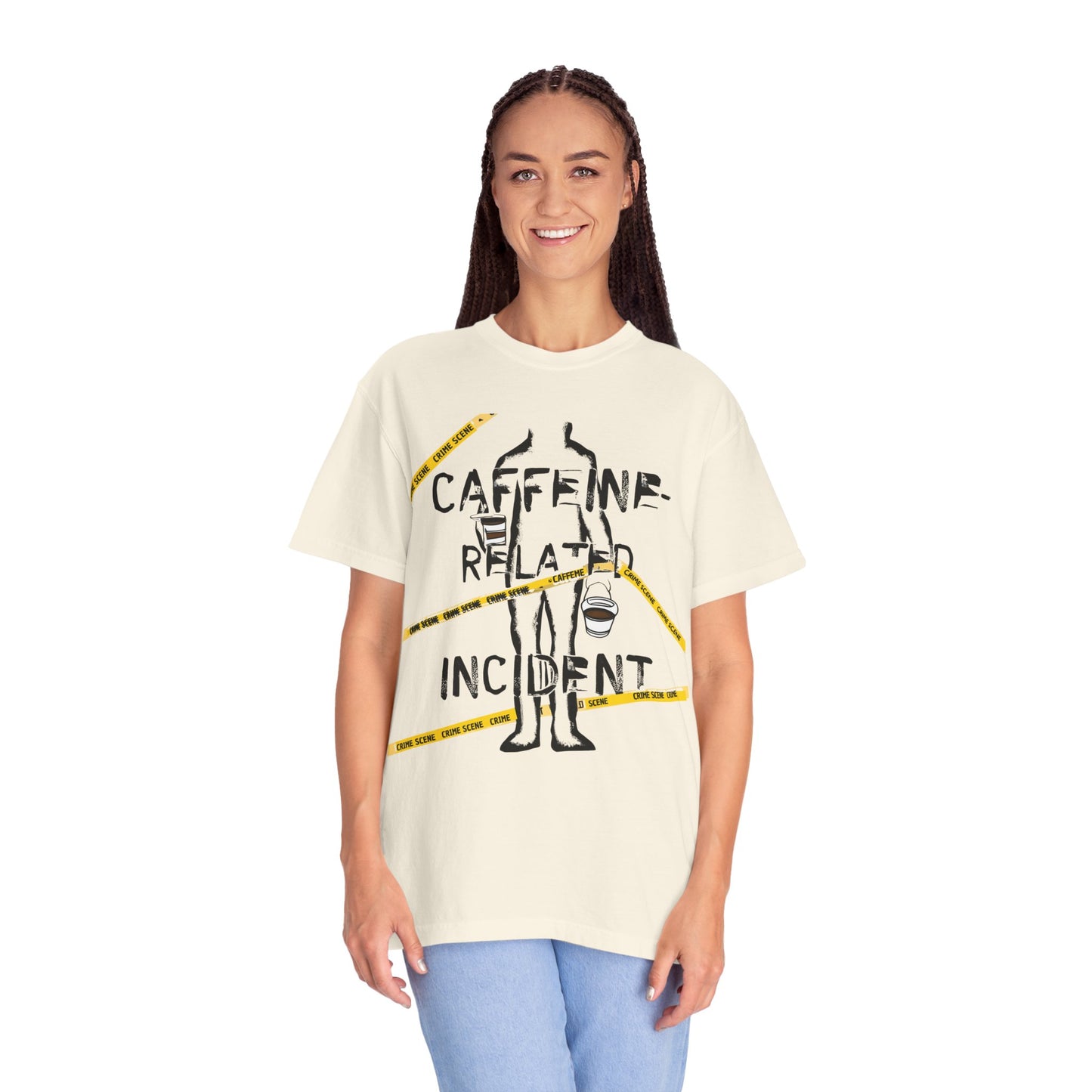 Caffeine-Related Incident T-Shirt – Monochrome Crime Scene Humor | The Salty Sgt
