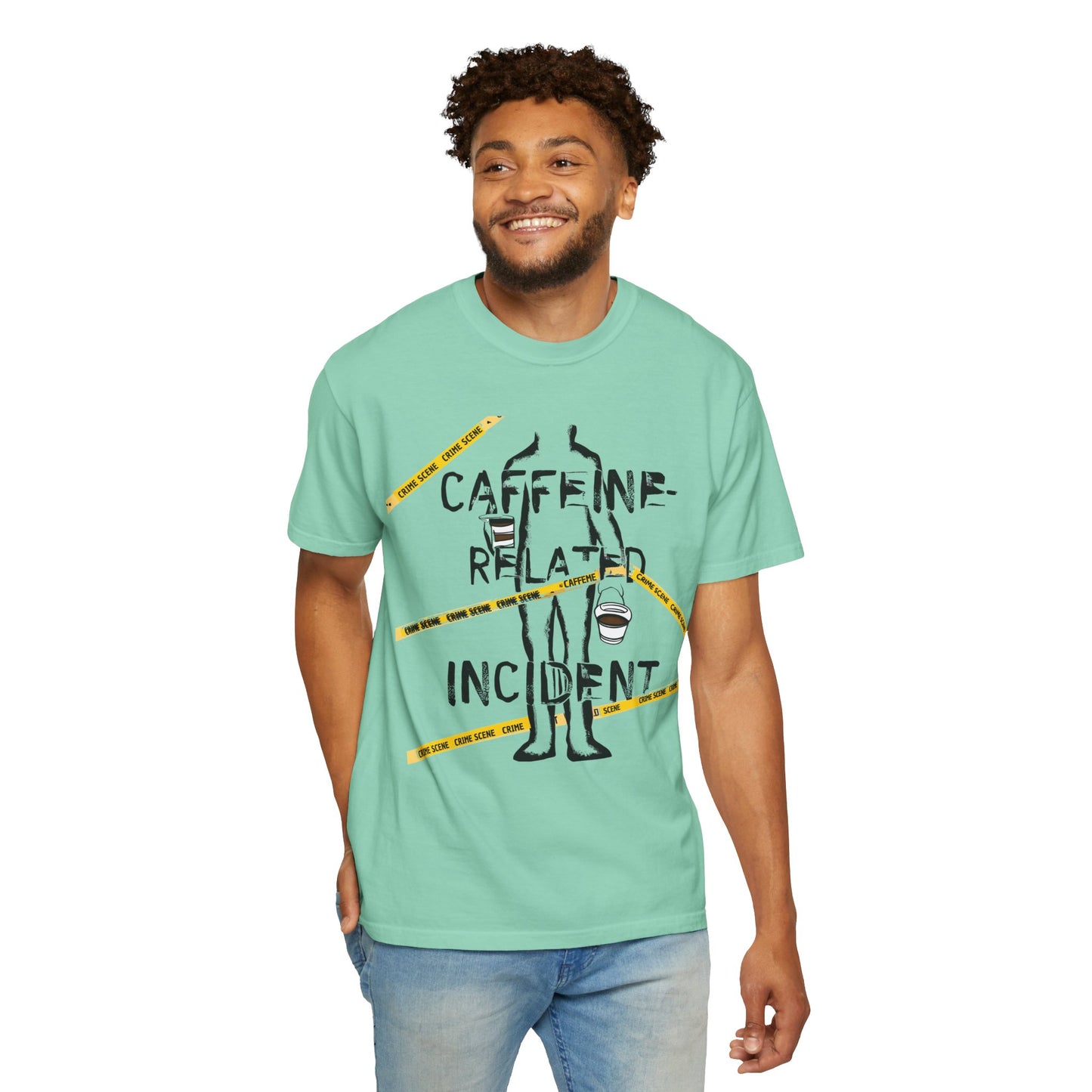 Caffeine-Related Incident T-Shirt – Monochrome Crime Scene Humor | The Salty Sgt