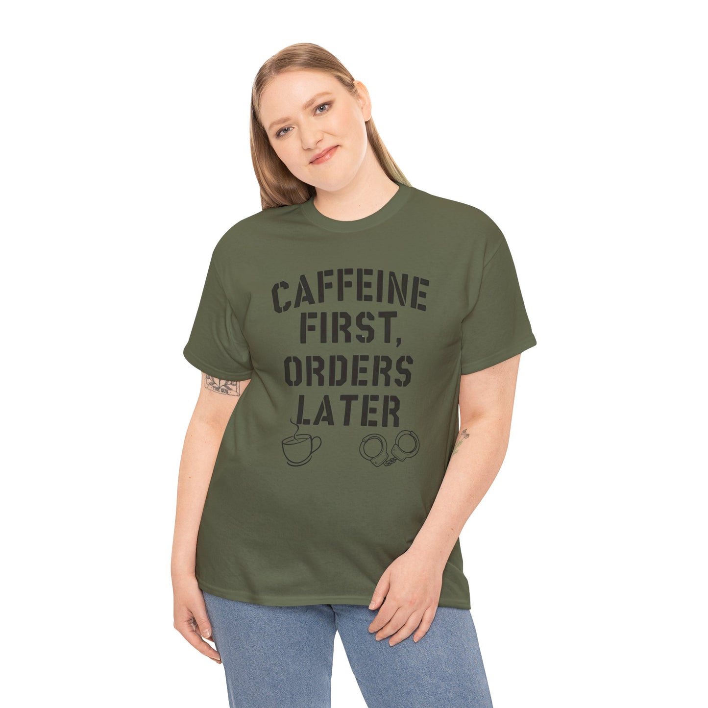Funny Coffee T-Shirt for Police and First Responders – Caffeine First, Orders Later | The Salty Sgt