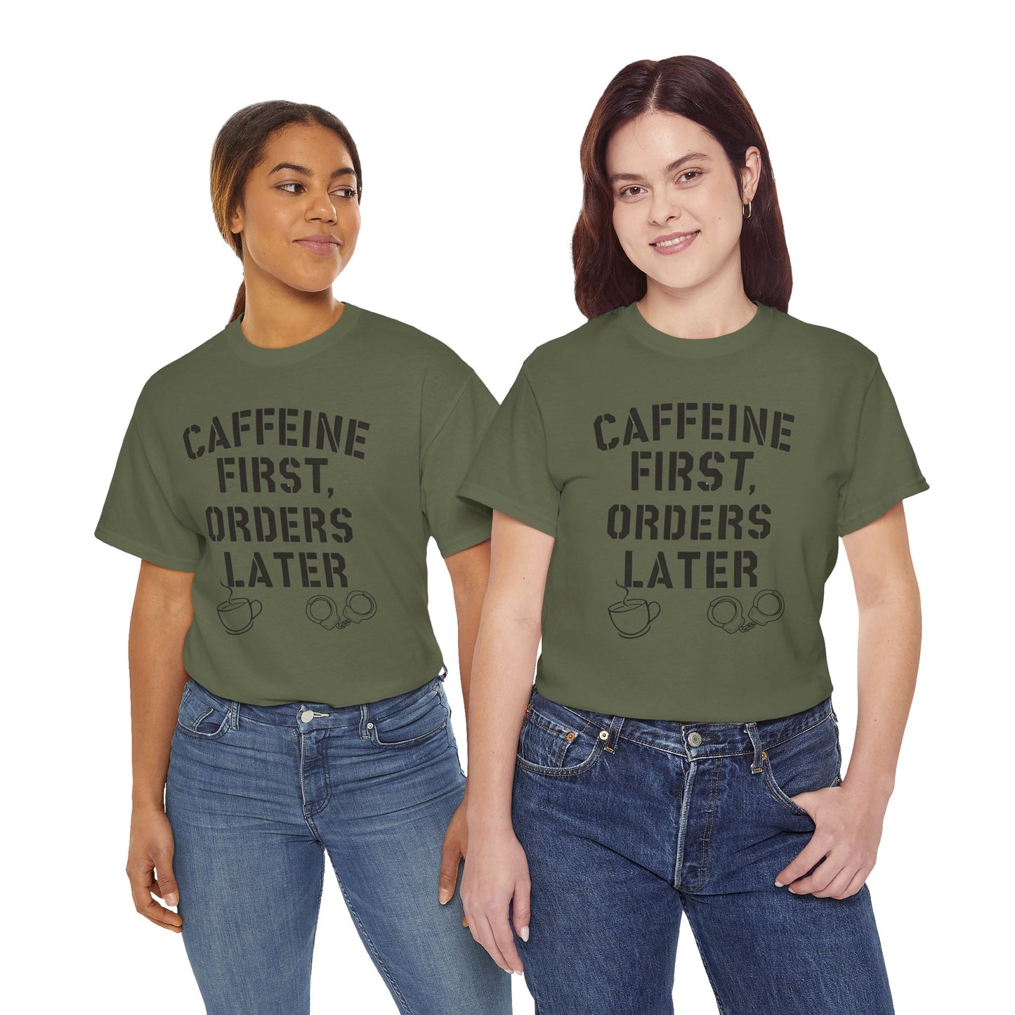 Funny Coffee T-Shirt for Police and First Responders – Caffeine First, Orders Later | The Salty Sgt