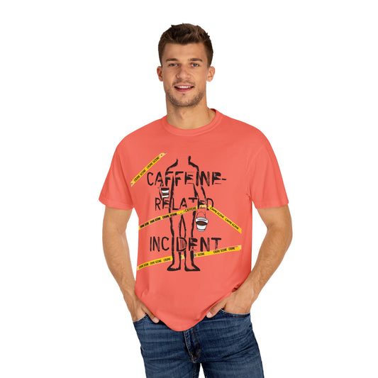 Caffeine-Related Incident T-Shirt – Monochrome Crime Scene Humor | The Salty Sgt