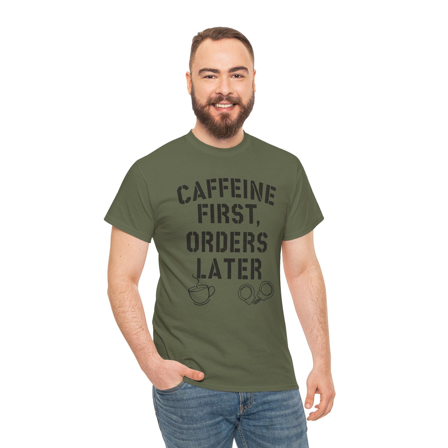 Funny Coffee T-Shirt for Police and First Responders – Caffeine First, Orders Later | The Salty Sgt