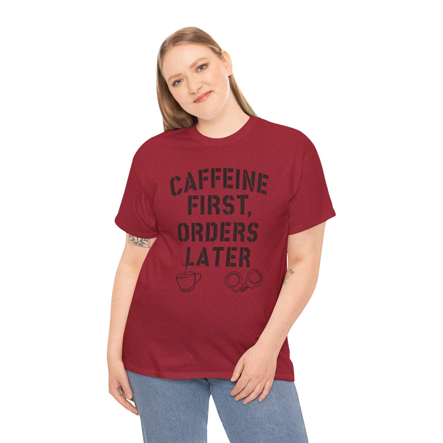 Funny Coffee T-Shirt for Police and First Responders – Caffeine First, Orders Later | The Salty Sgt